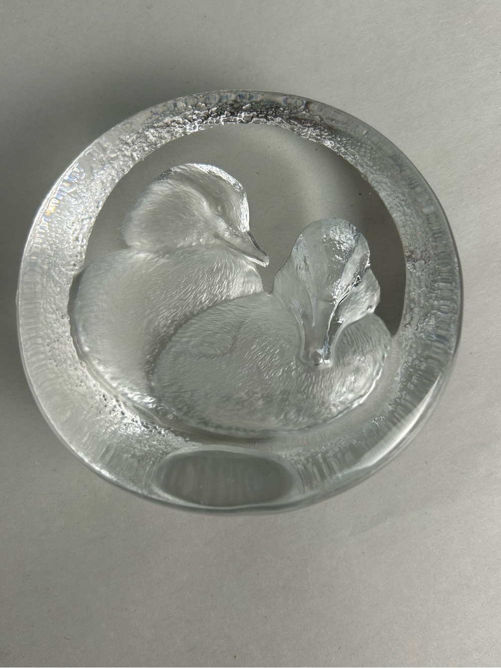 Clear Lead Crystal Paperweight with Duck Motif Signed Mats Jonasson Sweden 4"x4"